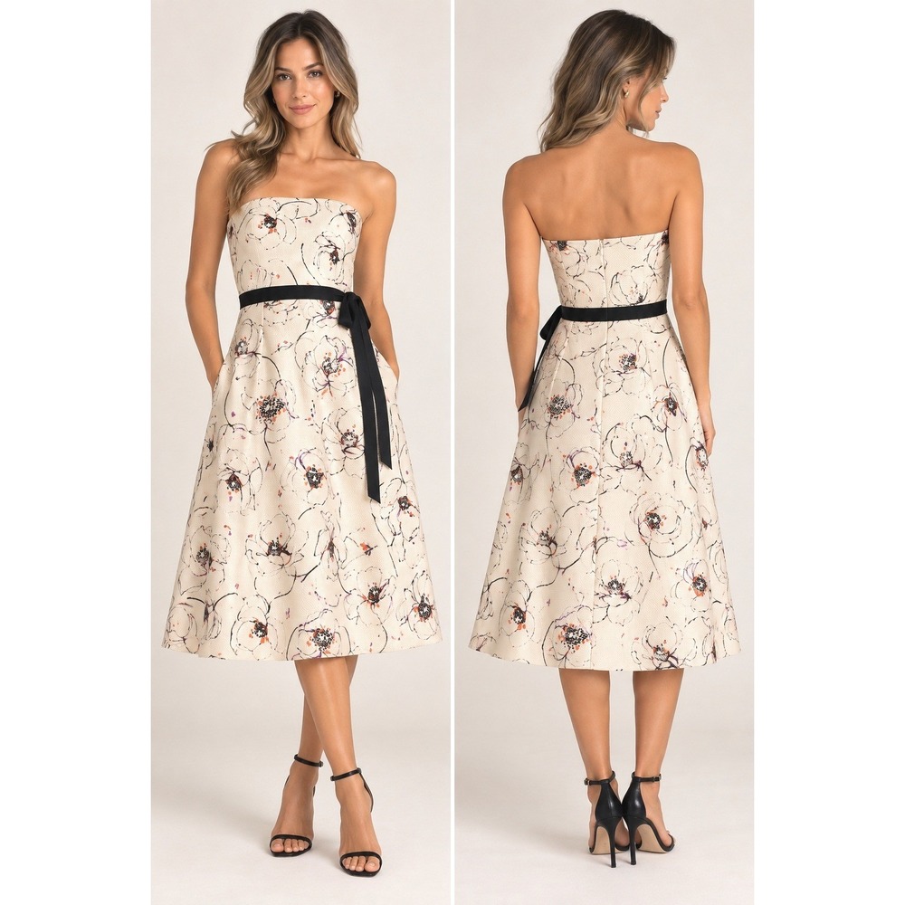 Kay Unger Size 6 100% Silk Floral Strapless A Line Cocktail Dress Neiman $350